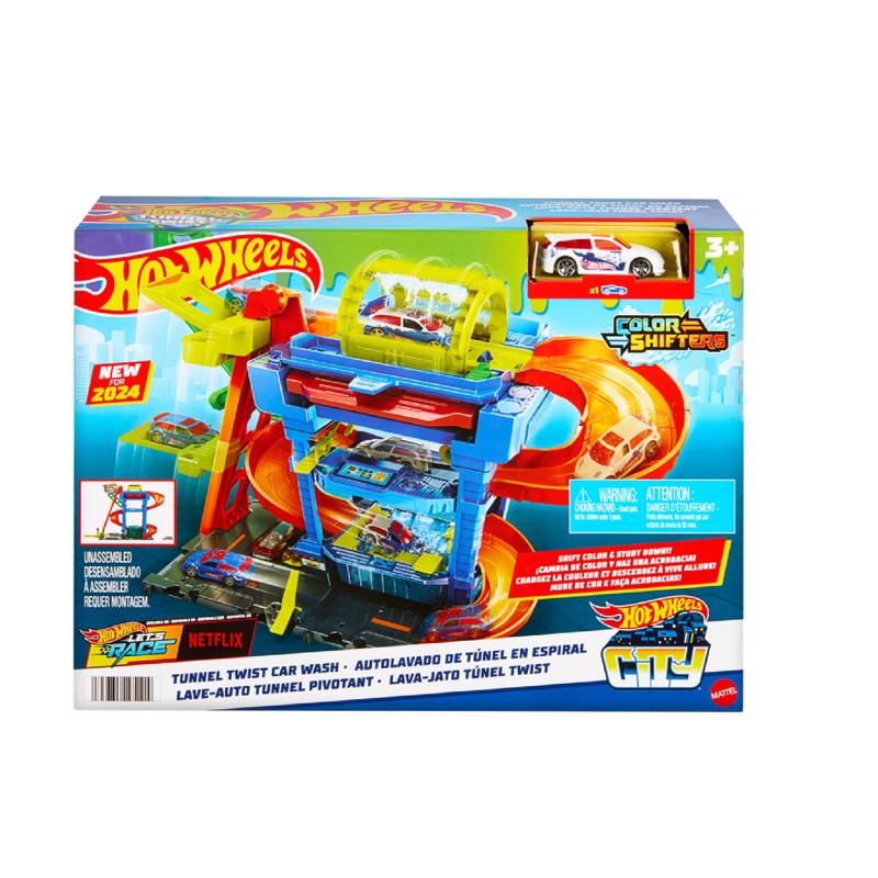Hot Wheels Let's Race Netflix City Toy Car Track Set, Colour Changing Tunnel Car Wash with 1 Colour Changing Vehicle in 1:64 Scale HTN80
