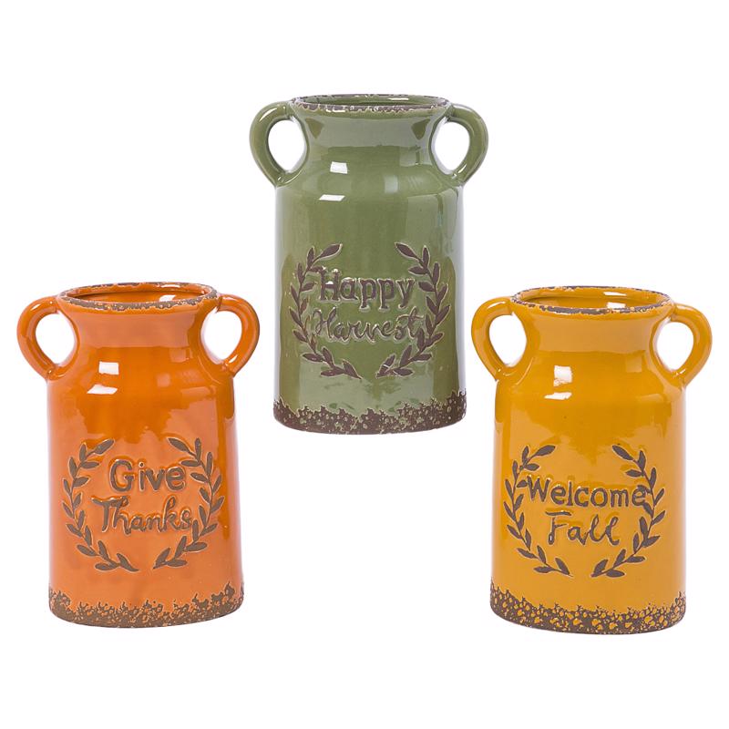 Gerson International 7.8" H Ceramic Harvest Vase, 3 Home Decor, 6InL x 3InW x 8InH, Multicolor, 3 (3-Pack)