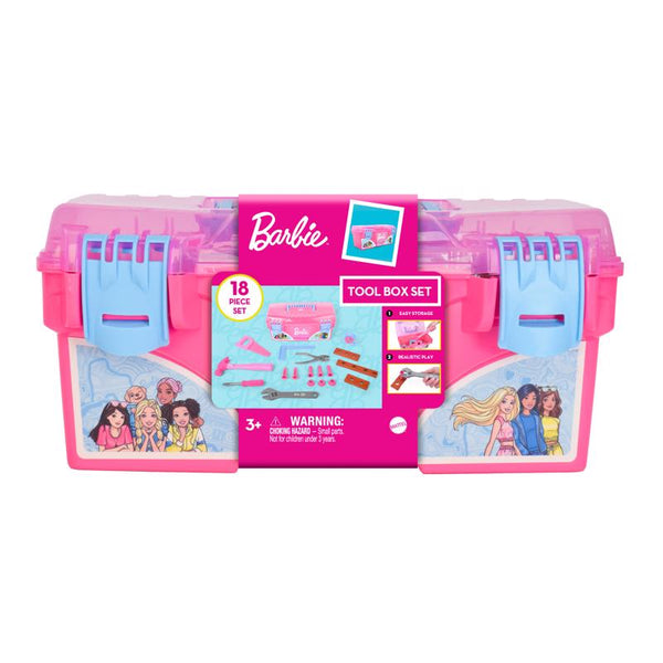 Sunny Days Entertainment Barbie Tool Box Playset - 18 Piece Deluxe Tool Set, Pretend Play Construction Tools with Tape Measure, Girls Pink Tool Box with Handle, Perfect Preschool Role Play Toy for Kids 470622