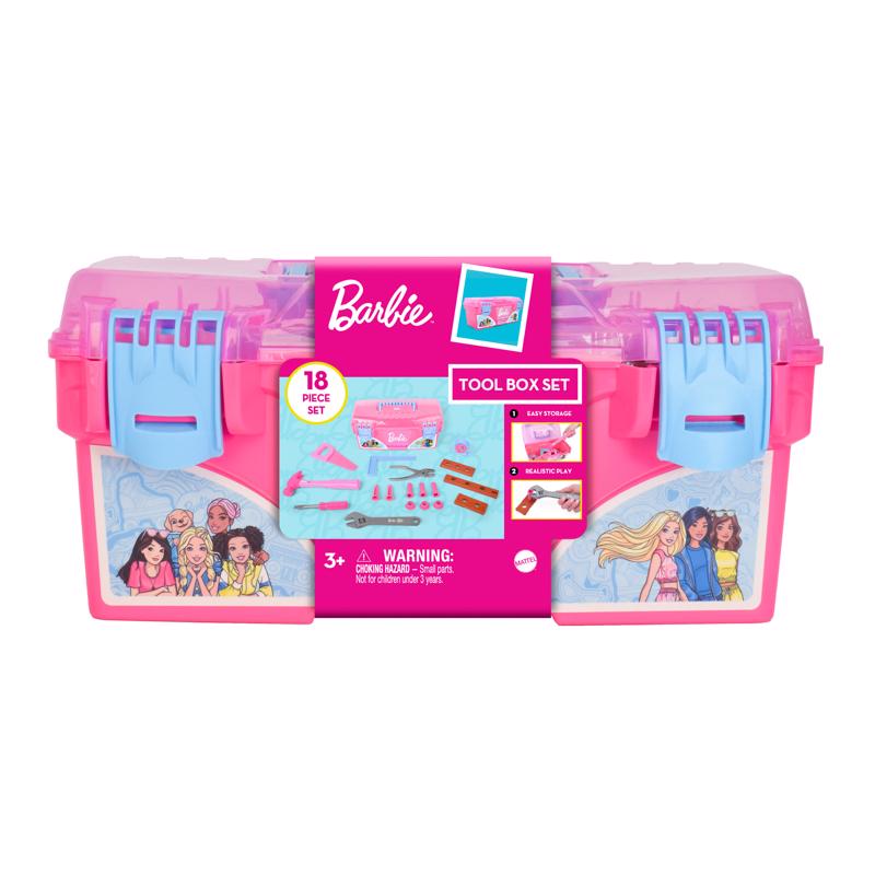Barbie Tool Box Playset – 18 Piece Deluxe Tool Set, Pretend Play Construction Tools with Tape Measure, Girls Pink Tool Box with Handle, Perfect Preschool Role Play Toy for Kids
