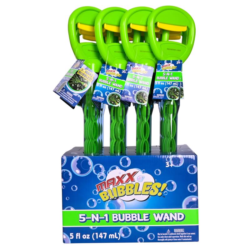 Maxx Bubbles 5-N-1 Bubble Wand - 5 Bubble Wands in One, Giant Bubble Wand Set, Blows 32 Bubbles, Easy Squeeze Handle, Perfect for Toddlers, Backyard Fun & Sensory Play, 17 Inch Bubble Wand 470445