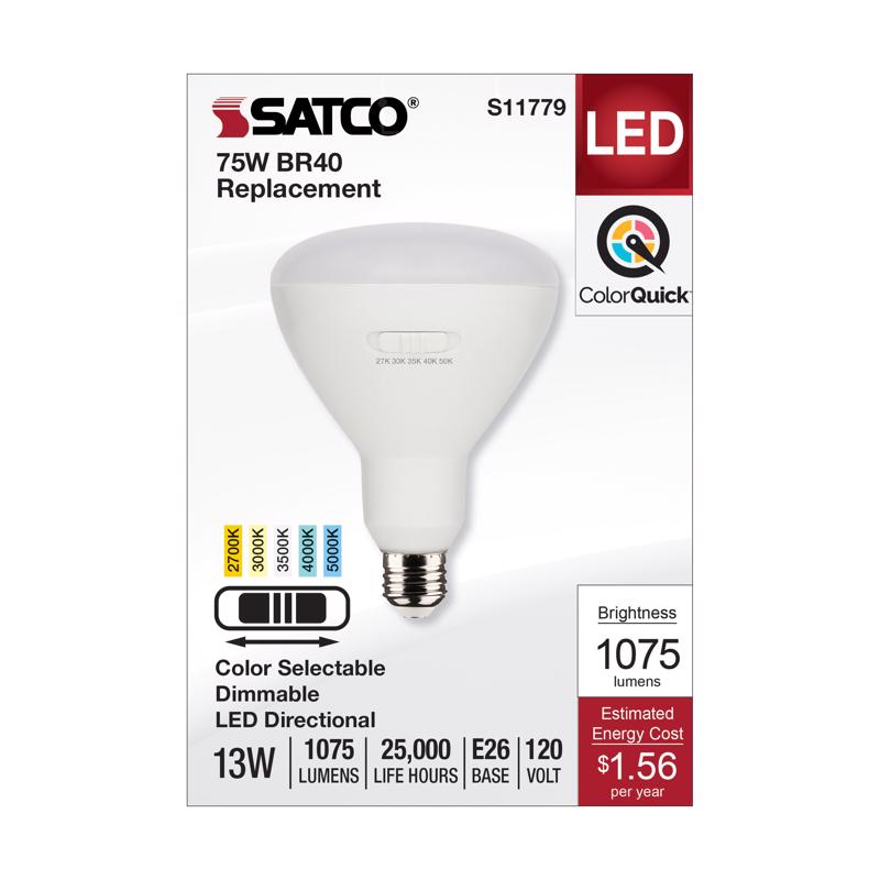Satco S11779, Medium Base, CCT Selectable, White Finish, 90 CRI, 120 Volt, 13 Watt BR40 LED Bulb