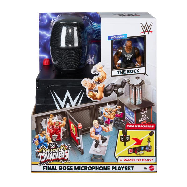 Mattel WWE Knuckle Crunchers 2-in-1 Microphone & Playset with Action Figure & 2 Accessories, Final Boss Set with 3.25-inch The Rock JFX07