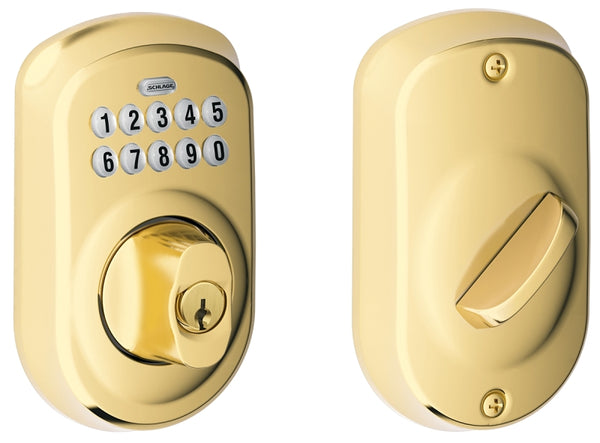 Schlage BE365 V PLY 505 Plymouth Keypad Deadbolt, Electronic Keyless Entry Lock, Bright Brass