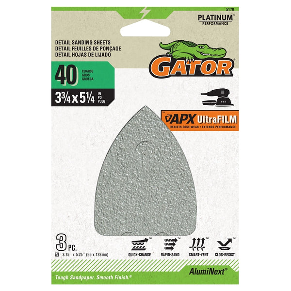 Gator 5170 Sanding Sheet, 3-3/4 in W, 5-1/4 in L, 40 Grit, Coarse, Aluminum Oxide Abrasive, Film Backing (3-Pack)