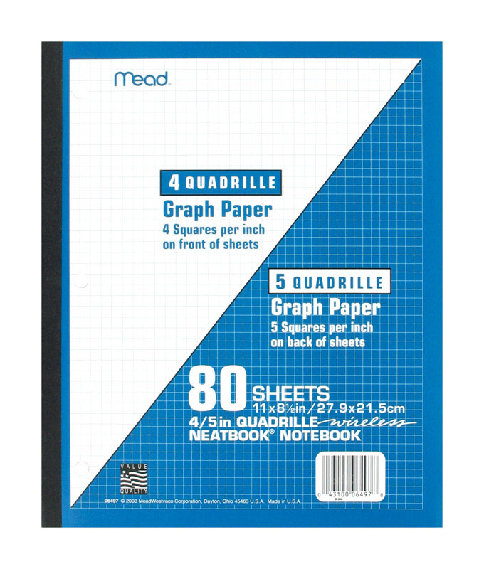 Mead Notebook, Wireless, 1 Subject, Quad Ruled, 8-1/2" x 11", 80 Sheets, Neatbook, Assorted Colors, Color Will Vary (06497)