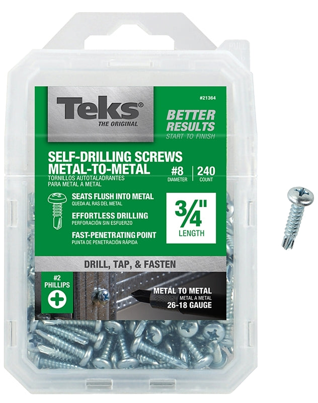 Teks 21364 Screw, 8 Thread, 3/4 in L, Coarse Thread, Pan Head, Phillips Drive, Self-Drilling, Self-Tapping Point, Steel - pack of 240