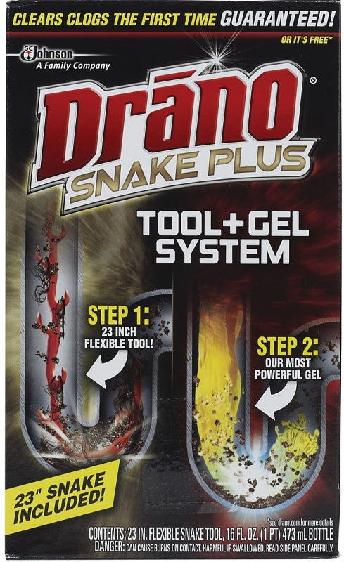 Drano Gel Drain Clog Remover and Cleaner 16oz and Snake Plus Tool 23 inches, Unclogs tough blockages, Commercial Line 70241
