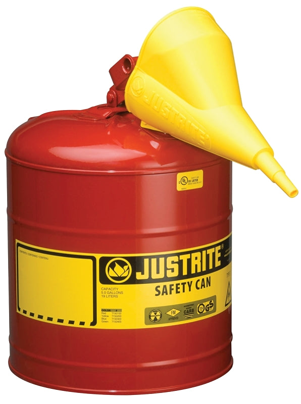 Justrite 5 Gallon Type I Red Safety Gas Can for Gasoline with Flame Arrester, Self-Closing Lid, and Funnel, Made in the USA, Galvanized Steel Flammable Storage Can, 7150110