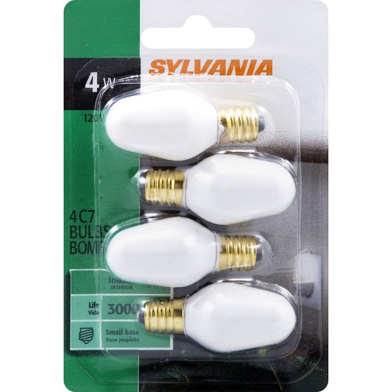 Sylvania Incandescent 4W C7 Night Light Bulb, E12 Candelabra Base, 15 Lumens, Frosted Finish, 2850K, White - 4 Pack (13553)