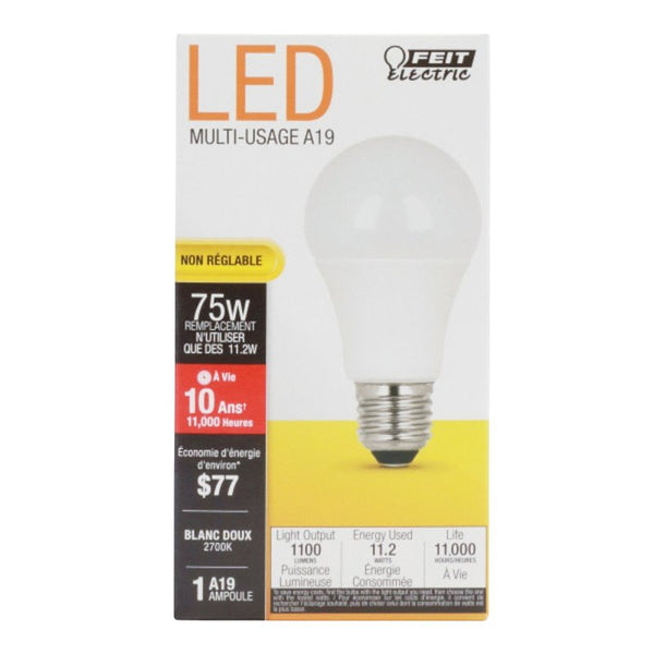 FEIT ELECTRIC A1100/827/10KLED Non-Dimmable, 75 W, Led Bulb, 120 Vac, 1100 Lumens, 2700 K, CRI >=80, 4.4"H x 2.4"D, Clear