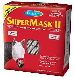 Farnam SuperMask II horse fly mask with ears, extended coverage, protects eyes from insects and debris, adjustable throat latch