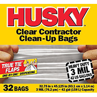 Husky HC42WC032C Clean-Up Trash Bag, 42 gal Capacity, Polyethylene, Clear
