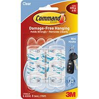 Command 17006CLR Adhesive Hook, 0.5 lb, 6-Hook, Plastic, Transparent