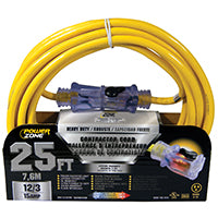 PowerZone Contractor Cord, 12 AWG Cable, 25 ft L, 15 A, 125 V, Yellow
