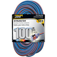 PowerZone Extension Cord, 12 AWG Cable, 5-15P Grounded Plug, 5-15R Grounded Receptacle, 100 ft L, 15 A, 125 V