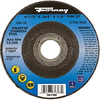 Forney 71807 Cut-Off Wheel with 7/8-Inch Arbor, Stainless Steel Type 27, A46Q-BF, 4-1/2-Inch-by-0.45-Inch