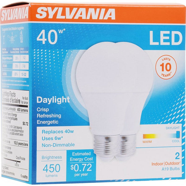 Ledvance SYLVANIA LED Light Bulb, 40W Equivalent A19, Efficient 6W, Medium Base, Frosted Finish, 450 Lumens, Daylight ,2 Count (Pack of 1) 74081