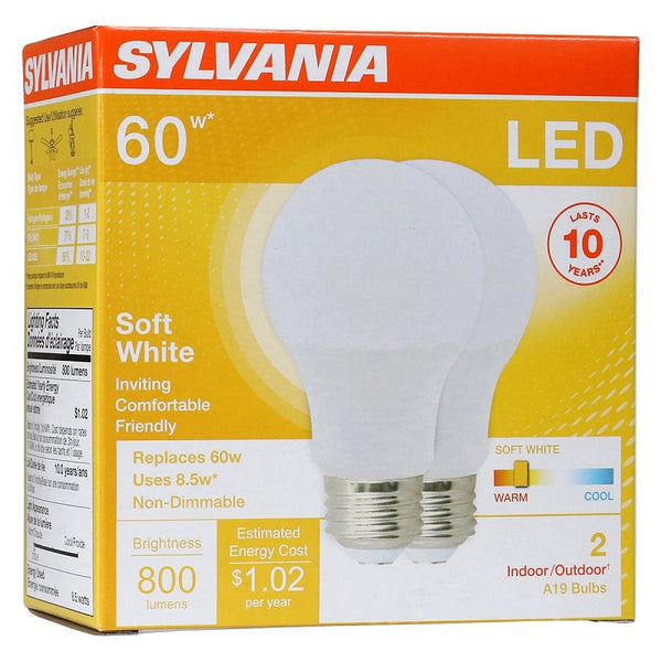 Ledvance SYLVANIA LED Light Bulb, 60W Equivalent A19, Efficient 8.5W, Medium Base, Frosted Finish, 800 Lumens, Soft White - 2 Pack (73886)