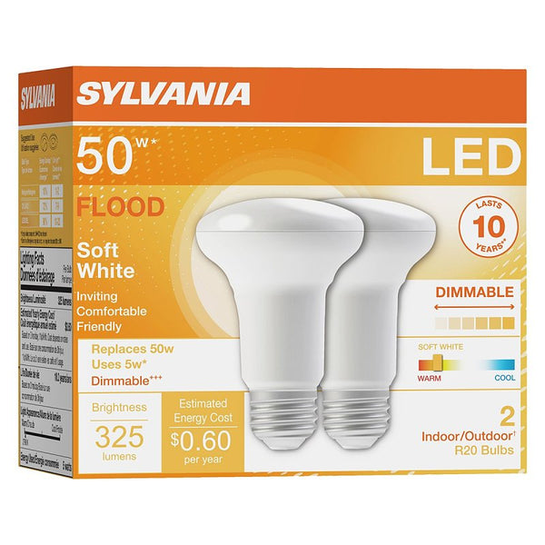 Osram SYLVANIA LED Flood R20 Light Bulb, 50W=5W, 10 Year, 325 Lumens, E26 Medium Base, Dimmable, 2700K, Soft White - 2 Pack (73993)