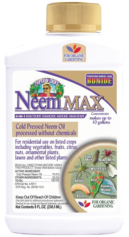 Bonide Captain Jack's Neem Max, 8 oz Concentrated Cold Pressed Neem Oil, Multi-Purpose Insecticide, Fungicide, Miticide and Nematicide for Organic Gardening 020