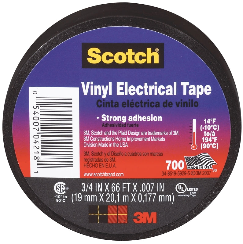 Scotch Vinyl 700 Electrical Tape, 1 Roll, Black, 3/4-in x 66-ft, General Purpose, Commercial Grade, Rated for Temperatures Up to 194-Degree, Highly Flexible, Stretchy & Conformable (700) 4218-BA-40