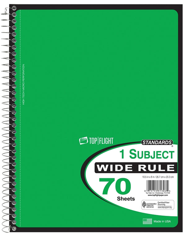 Top Flight Standards 1-Subject Notebook, 70 Sheets, Perforated, Wide Rule, Color May Vary (31306) 4510816