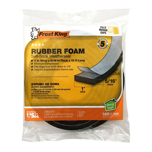 Frost King Rubber Foam Weatherseal Self Stick Tape Weather Strip Tape 1" x 5/16" x 10' R511H