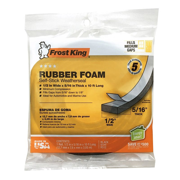 Frost King P Self-Stick Rubber Foam Weatherseal, 1/2" W, 5/16" T, 10 ft L, Black R512H
