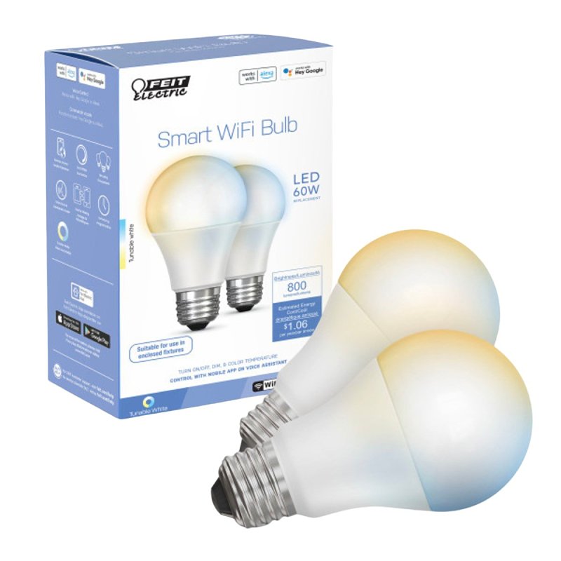 Feit Electric A19 Smart LED Light Bulb, 60W Equivalent, Tunable White, Alexa & Google Home Compatible, 2.4 GHz Wi-Fi, 90+ CRI, Non-Dimmable, 800 Lumens, 25,000-Hour Lifetime, OM60/CCT/CA/AG