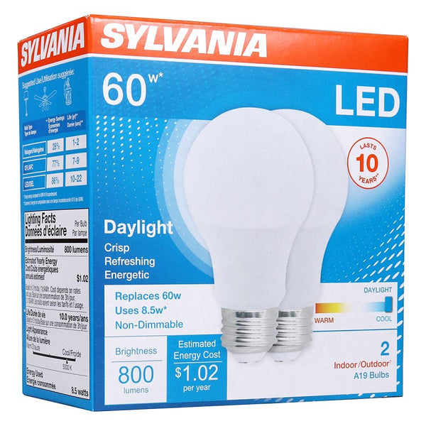 Ledvance SYLVANIA, 60W Equivalent, LED Light Bulb, A19 Lamp, 2 Pack, Daylight, Energy Saving & Longer Life, Medium Base, Efficient 8.5W, 5000K 79282