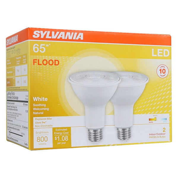 LEDVANCE SYLVANIA LED PAR30 Flood Light Bulb, 65W = 9W, 10 Year, Non-Dimmable, 800 Lumens, 3000K, Warm White - 2 Pack (79280)