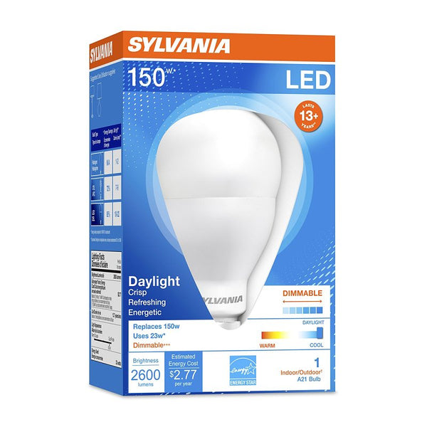 SYLVANIA A21 LED Light Bulb, 23W, 150W Equivalent, Dimmable, 2600 Lumens, Frosted, 5000K, Daylight - 1 Pack (79735)