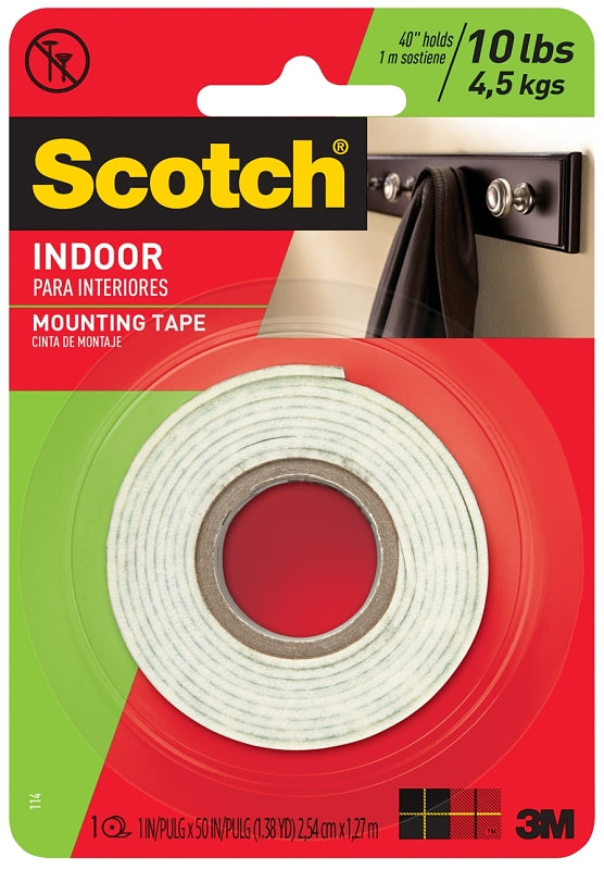 Scotch Indoor Mounting Tape 1-in X 50-in, White, Holds up to 10 lbs,1-Roll