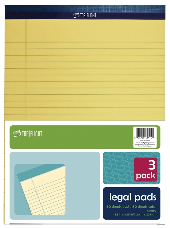 Top Flight Legal Pad, 8.5 x 11.75 Inches, 0.375 Inch Rule, Canary, 50 Sheets per Pad, 3 Pads per Pack (4513108) 4513094
