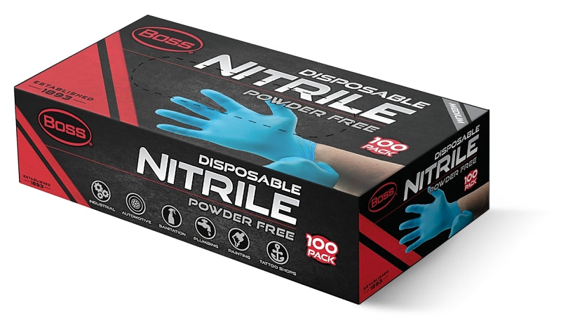 BOSS Powder Free Disposable Nitrile Gloves, 4 Mil Thickness, 100 Pair Pack, Blue, Medium, (B21041-M)