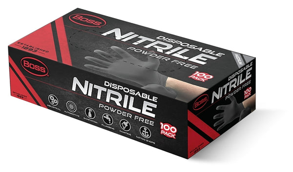 Boss Powder Free Disposable Nitrile Gloves, 4 Mil Thickness, 100 Pair Pack, Black, Medium, (B21051-M)