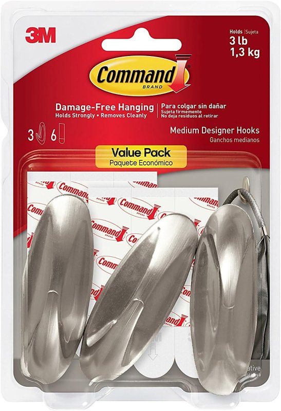 Command Medium Designer Hooks, Holdes up to 3 lb, 3 Wall Hooks with 6 Command Strips, Brushed Nickel Color, Damage Free Hanging Hooks for Hanging Decorations in Living Spaces 17081BN-3ES
