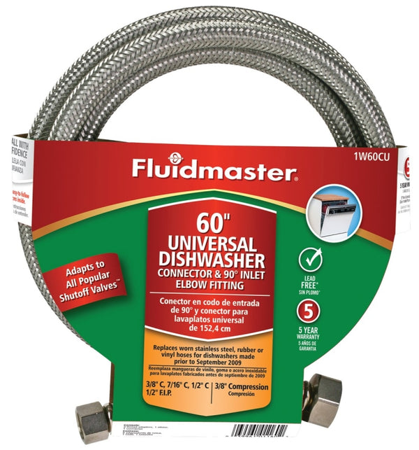 Fluidmaster 1W60CU Dishwasher Connector with Elbow fitting and Universal Size Adaptors, 60-Inch Length