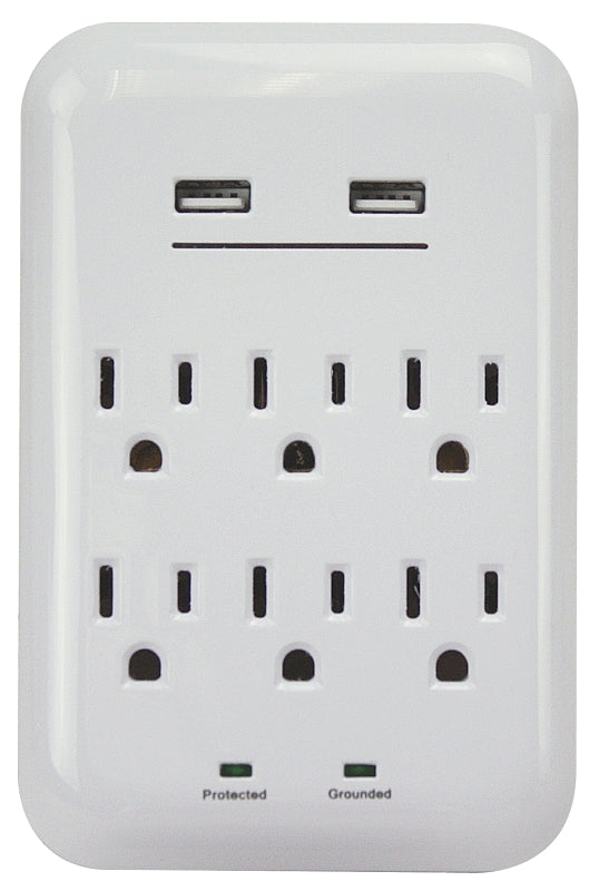 Powerzone USB Charger, '3.4 A, 1200 J, 6 Outlets Output, 2 Ports, White Color