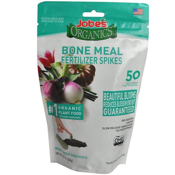 Jobe's Organics Bone Meal Fertilizer Spikes, Strong Root Development for Bulbs, Tomatoes, Roses, and Other Flowering Plants, 50 Count 06328