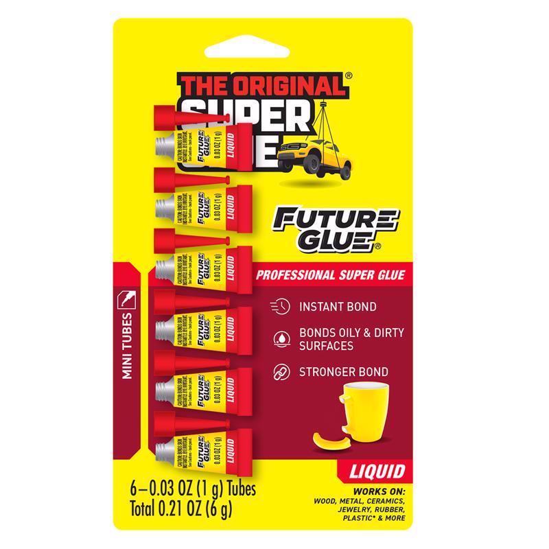Super Glue Future Glue Liquid 6 Mini Single Use Tubes, Clear, Instant Bonding, Fast Dry, Professional Cyanoacrylate Adhesive, Great for Wood, Metal, Plastic, Crafts, Ceramic, and Toy Repairs