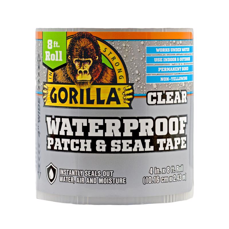 Gorilla Waterproof Patch & Seal Tape, Clear Tape, 4" x 8' (Pack of 1) - Permanent Weather Resistant Seal for Leaks and Repairs