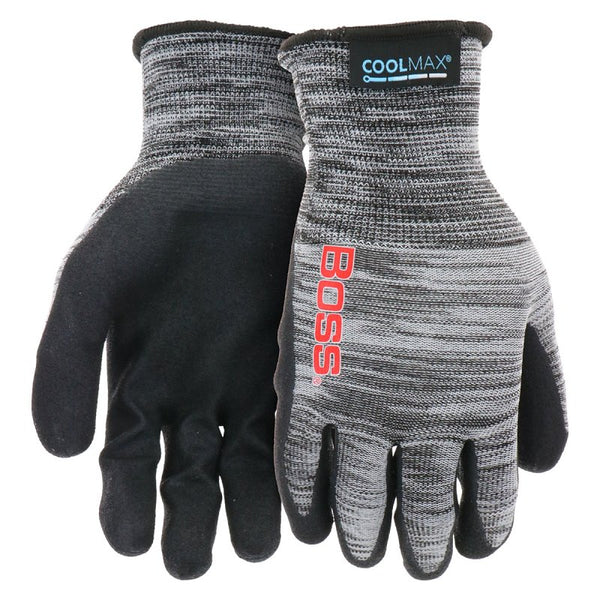 Boss Men's COOLMAX Technology with Sandy Nitrile Coated Palm, Enhanced Grip, Extreme Comfort, Wear Resistant, Black/Gray, Large (B31151-L)