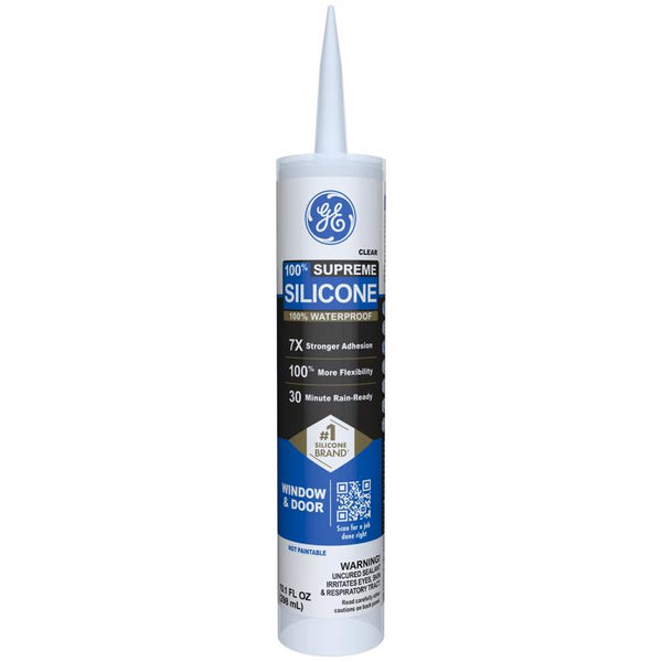 GE Supreme Silicone Caulk for Window & Door, Clear, 10 fl oz Cartridge, 1 Pack - 100% Waterproof Silicone Sealant, 7X Stronger Adhesion, Shrink & Crack Proof 2814816