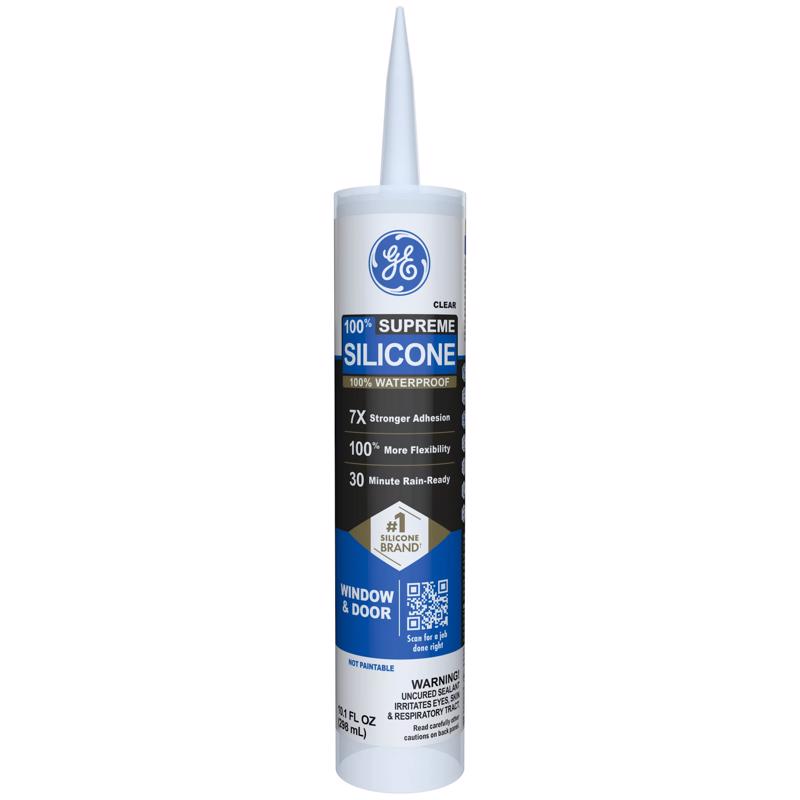 GE Supreme Silicone Caulk for Window & Door, Clear, 10 fl oz Cartridge, 1 Pack - 100% Waterproof Silicone Sealant, 7X Stronger Adhesion, Shrink & Crack Proof