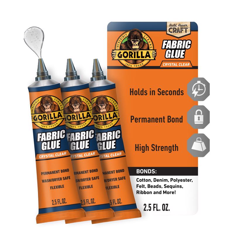 Gorilla Waterproof Fabric Glue 2.5 Ounce Tube, Clear, (Pack of 1)