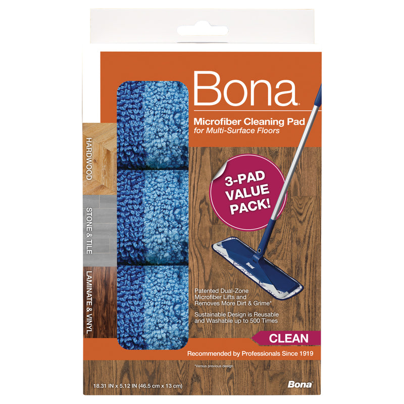 Bona 1017667 5.12 x 18.31 in. Cleaning Microfiber Mop Pad Blue - Pack of 3