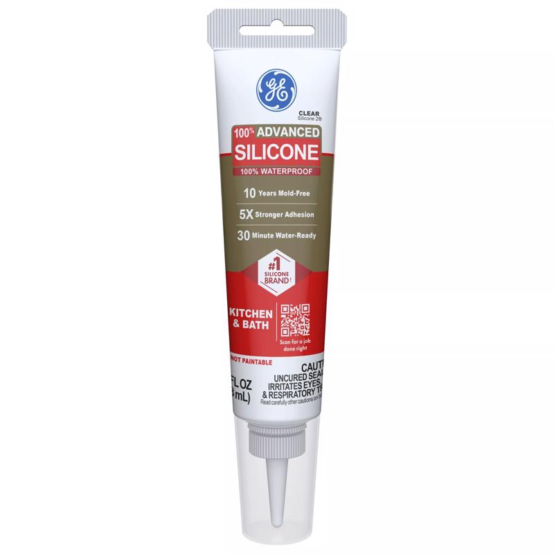 GE Advanced Silicone Caulk for Kitchen & Bathroom - 100% Waterproof Silicone Sealant, 5X Stronger Adhesion, Shrink & Crack Proof - 2.8 fl oz Tube, Clear, 1 Pack