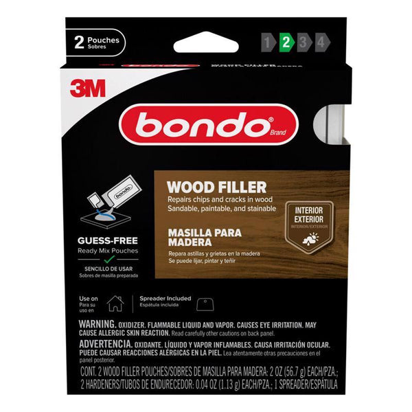 bondo Wood Filler Ready Mix Pouches, Contains 2 Wood Filler Pouches 2 oz with 2 Hardners and 1 Spreader, Repairs Chips and Cracks in Wood, Sandable, Paintable, and Stainable (WF-2PK-ES)